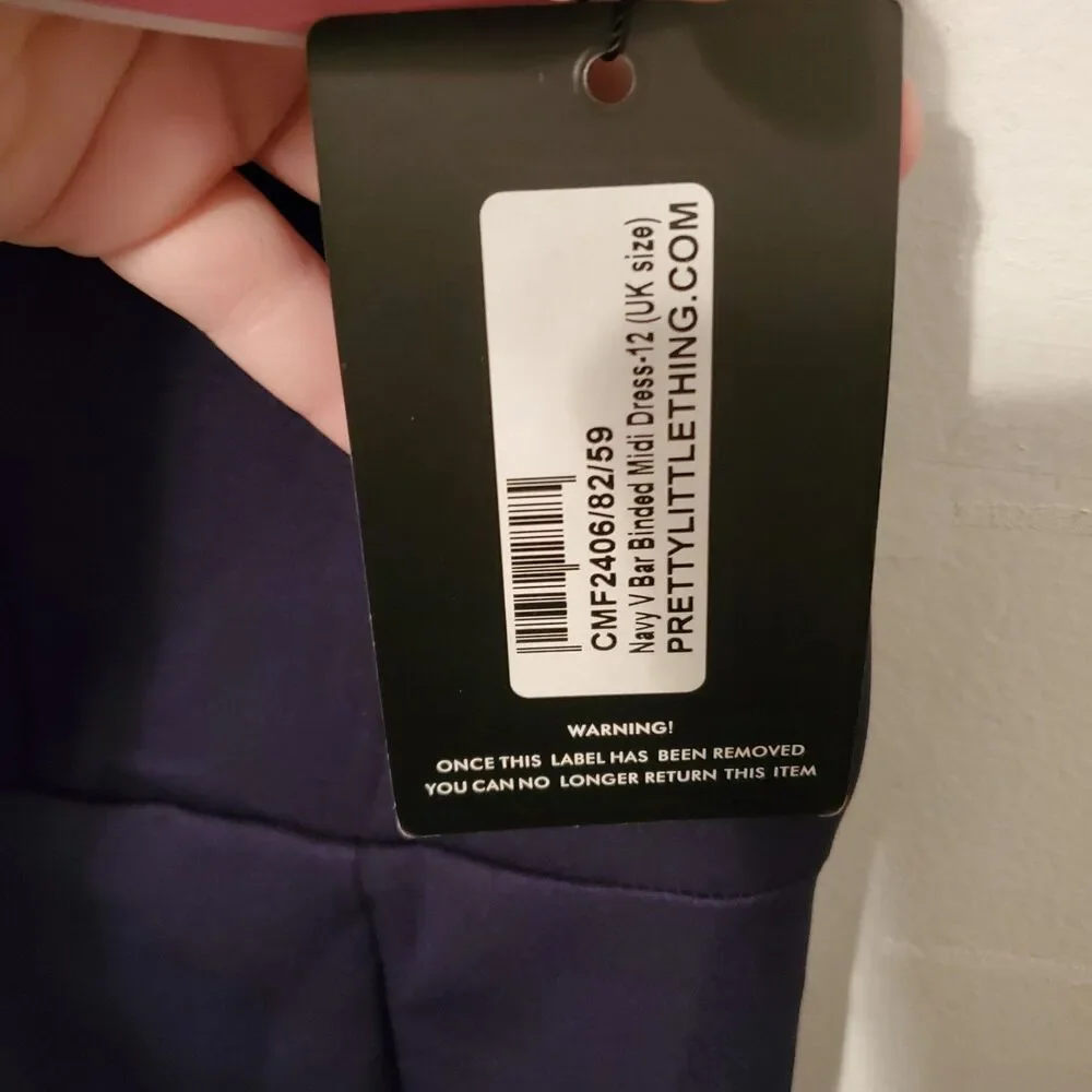 NWT Pretty Little Thing Navy Blue V Bar Binded Midi Plunge Dress 8 Bodycon - Picture 3 of 6